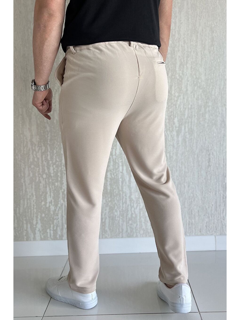 Bej Bel Bağcıklı Düz Paça Erkek Jogger Pantolon-2