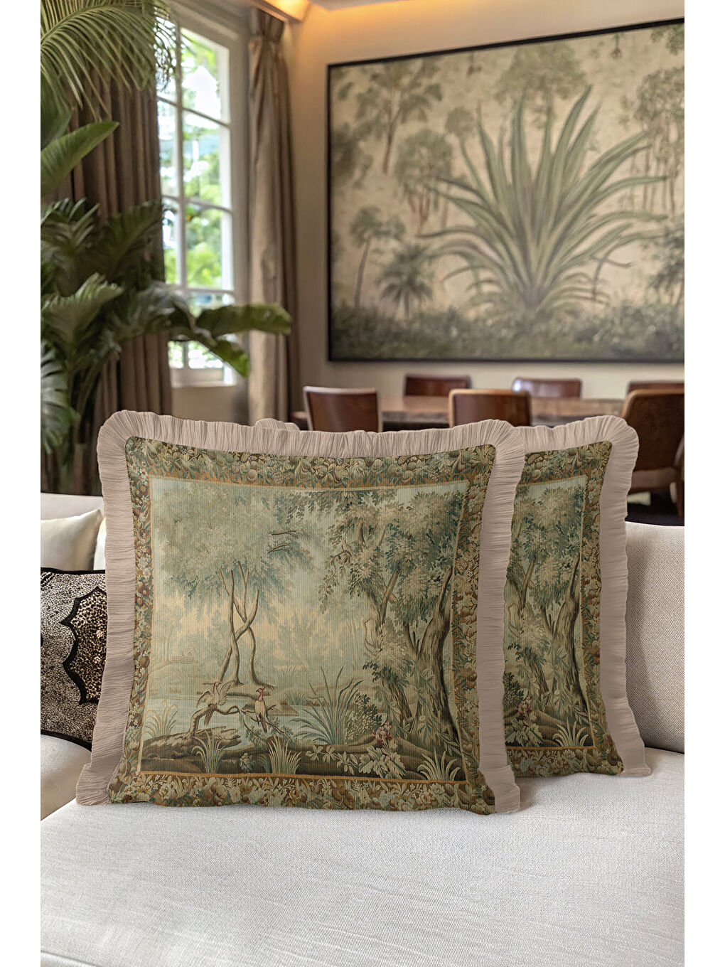 Karışık Lüks Vintage Doğal Manzara Saçaklı Yastık Kılıfı - Klasik Country Bej Yeşil Püsküllü Kırlent Kılıfı-5