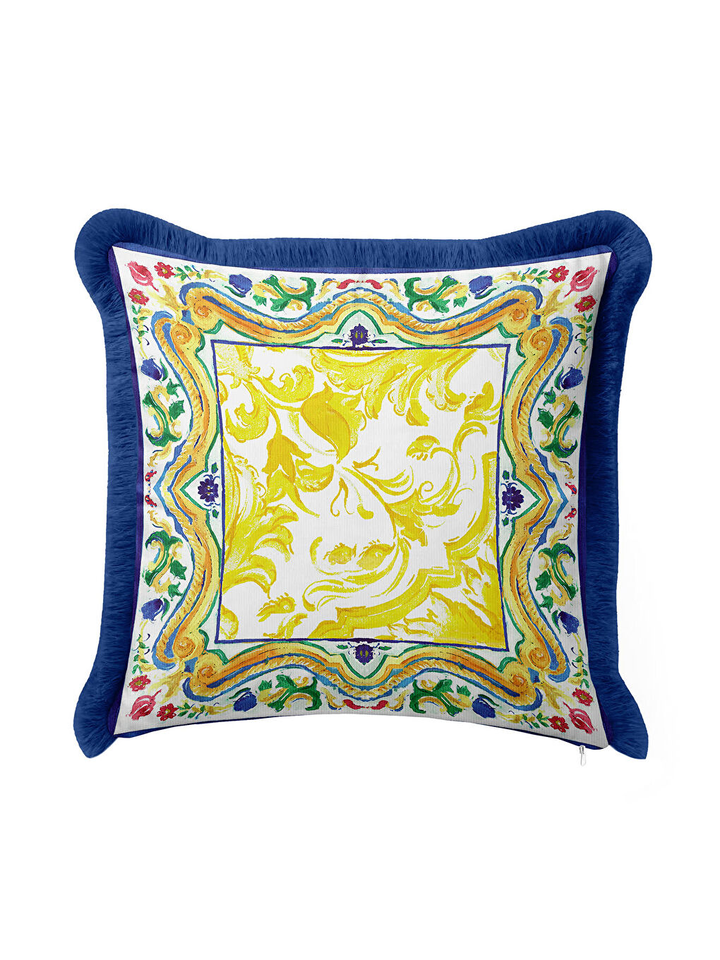 Karışık Barok Saray Motifli Saçaklı Yastık Kılıfı - Akdeniz Country Mavi Altın Renk Püsküllü Kırlent Kılıfı-4