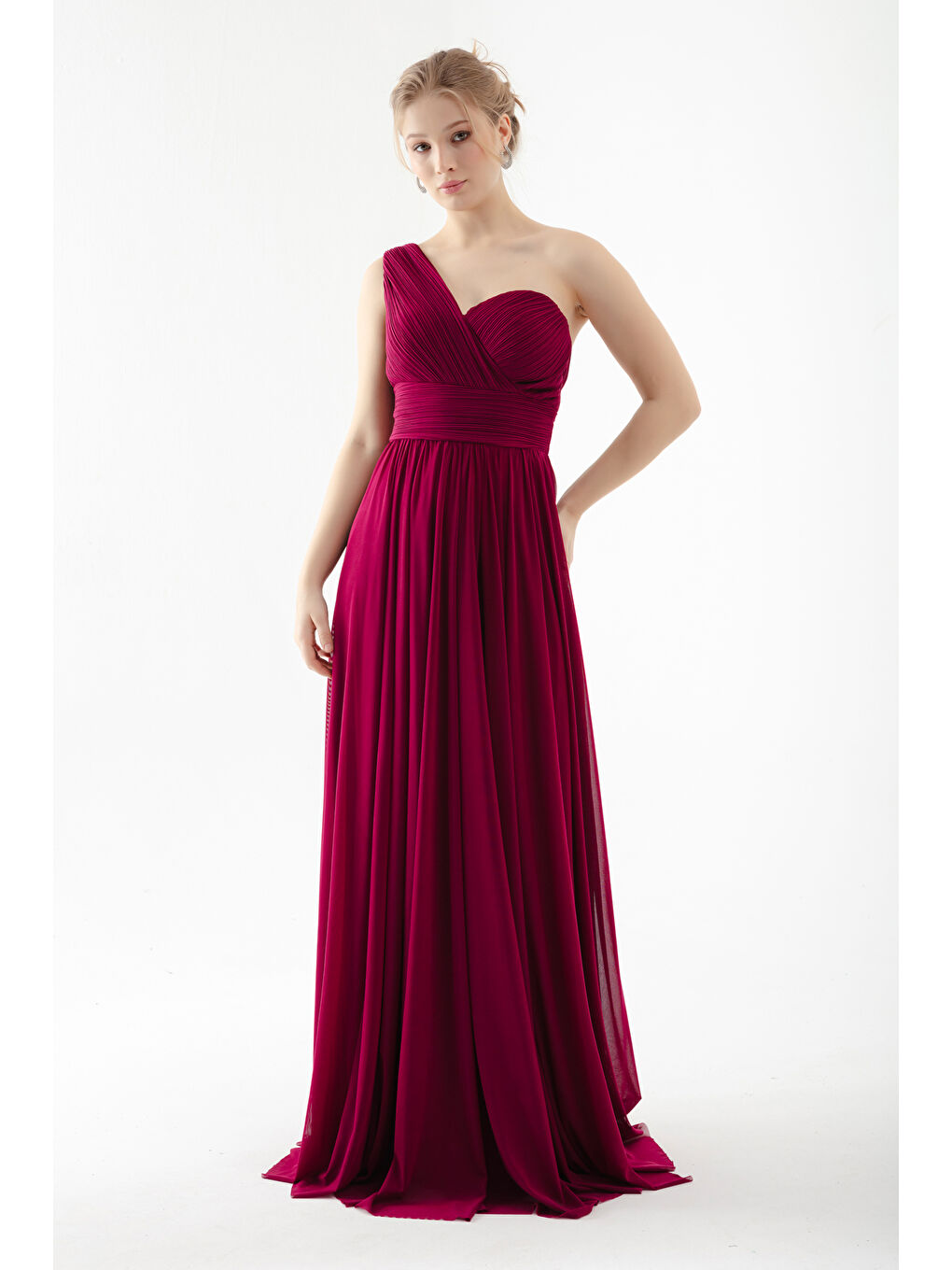 Kadın Mürdüm Tek Omuz Yırtmaçlı Uzun Abiye Elbise-2