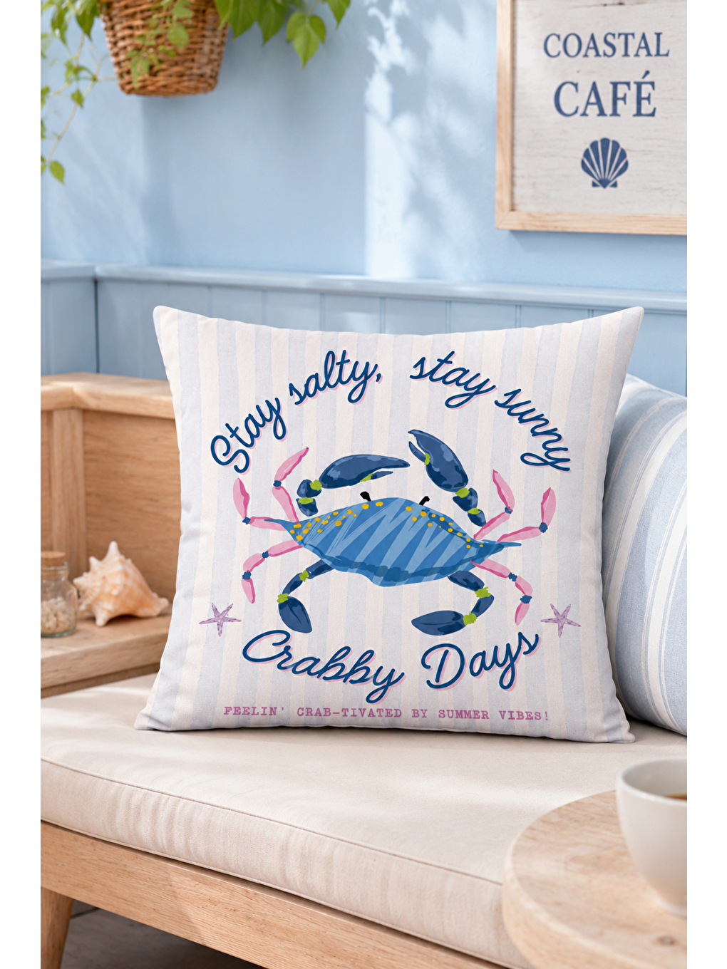 Beyaz Crabby Days Mavi Yengeç Yazı Baskılı Dekoratif Kırlent Kılıfı Marin Dekor 43x43 Cm-6