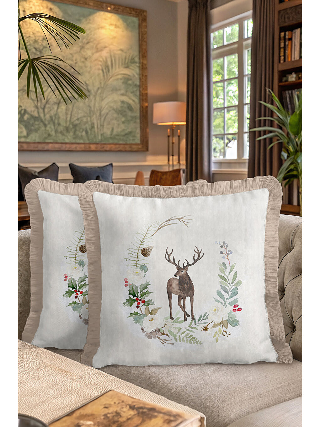 Karışık Doğal Orman Temalı Saçaklı Yastık Kılıfı - Geyik Figürü Tarzı Krem Bej Püsküllü Kırlent Kılıfı-7
