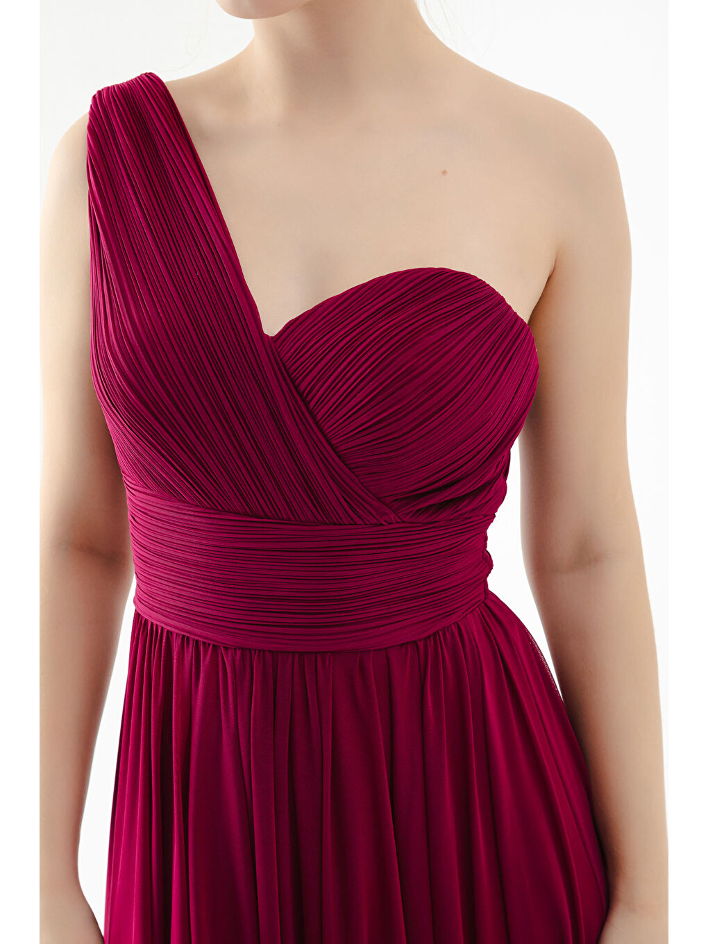 Kadın Mürdüm Tek Omuz Yırtmaçlı Uzun Abiye Elbise-3