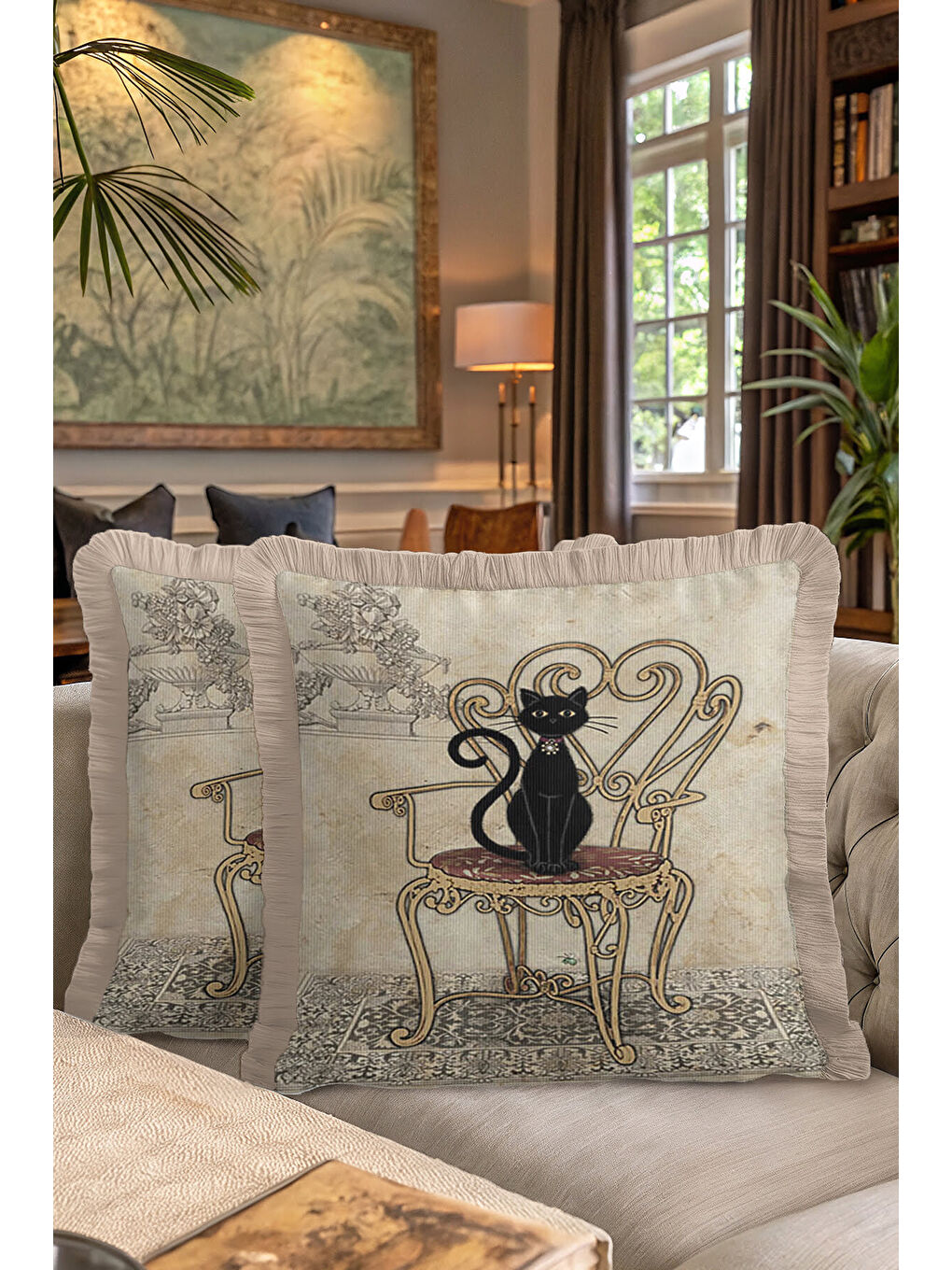 Karışık Vintage Kedi Motifli Saçaklı Yastık Kılıfı - Romantik Retro Bej Siyah Püsküllü Kırlent Kılıfı-7
