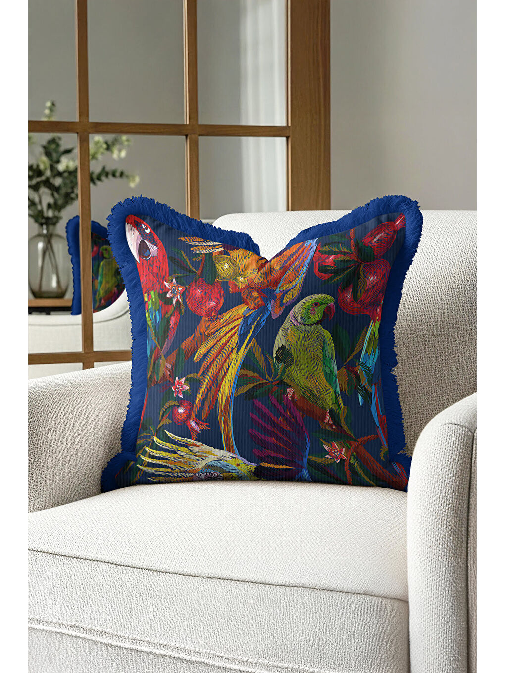 Karışık Tropikal Kuşlar Saçaklı Yastık Kılıfı - Bohem Gece Mavisi Püsküllü Kırlent Kılıfı-1