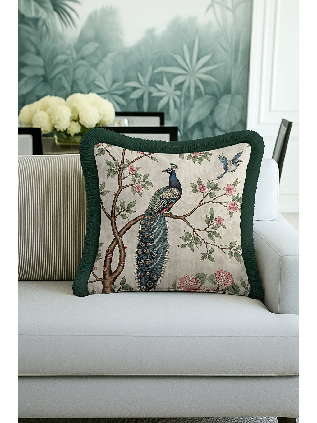 Karışık Zarif Tavuskuşlu Saçaklı Yastık Kılıfı - Doğal Çiçekli Vintage Yeşil Krem Püsküllü Kırlent Kılıfı-4