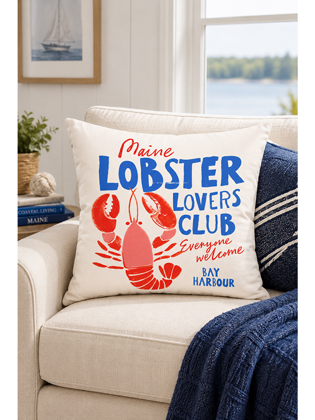 Beyaz Maine Lobster Lovers Club Marin Dekoratif Kırlent Kılıfı Yazlık Ev Dekor 43x43 Cm-4