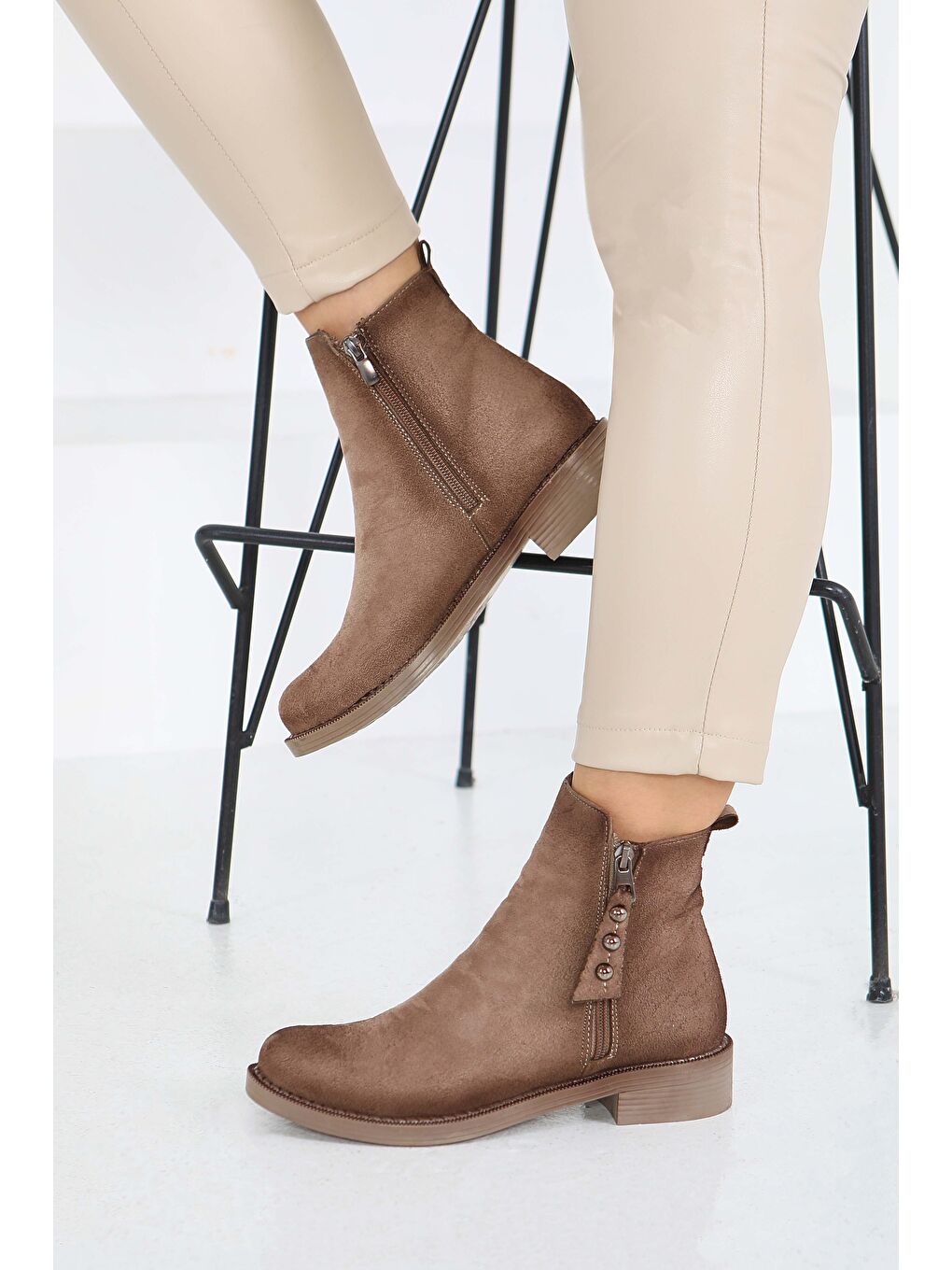 Bej Kadın Vizon Yanları Fermuarlı Süet Bot - 27850-VIZON-2