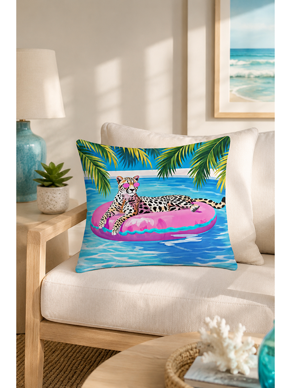 Mavi Havuzda Leopar Tropikal Desenli Dekoratif Kırlent Kılıfı Yazlık Ev Dekor 43x43 Cm-2