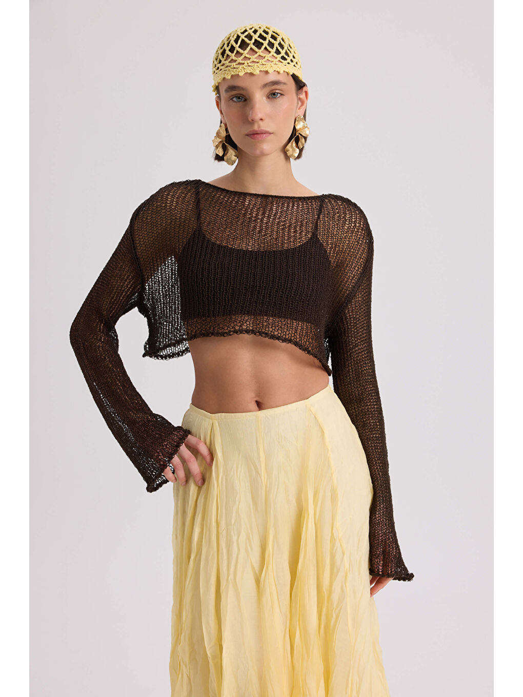 Kahverengi Daisy Kahve İnce Triko Crop-1