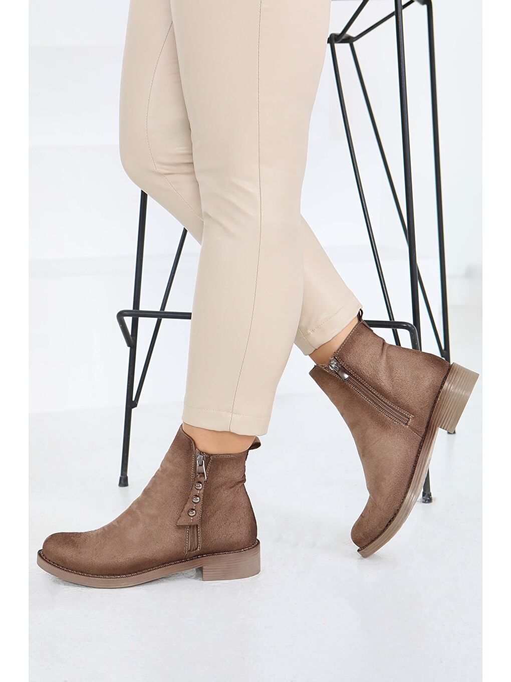 Bej Kadın Vizon Yanları Fermuarlı Süet Bot - 27850-VIZON-3