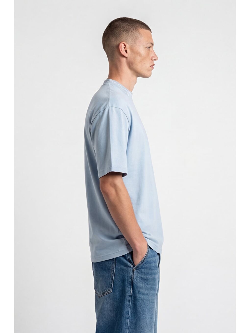 Giotelli Erkek Mavi Geniş Kesim Oversize Fit Kısa Kollu Yaka Baskılı Bisiklet Yaka Tişört-2
