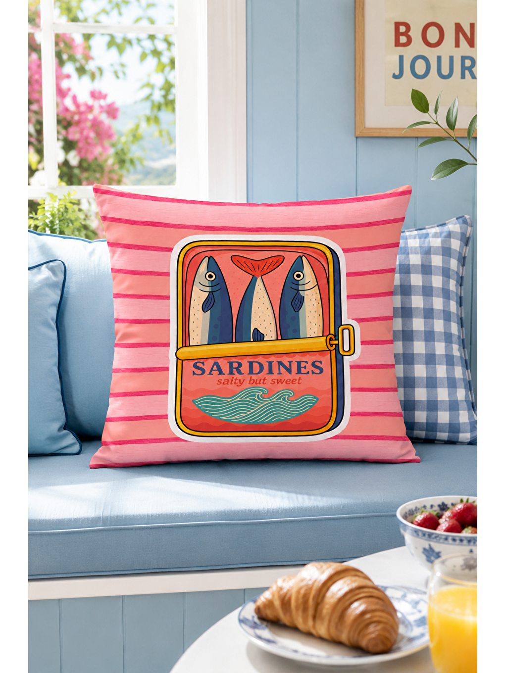 Beyaz Sardines Balık Konservesi Yazı Baskılı Dekoratif Kırlent Kılıfı Yazlık Dekor 43x43 Cm-1