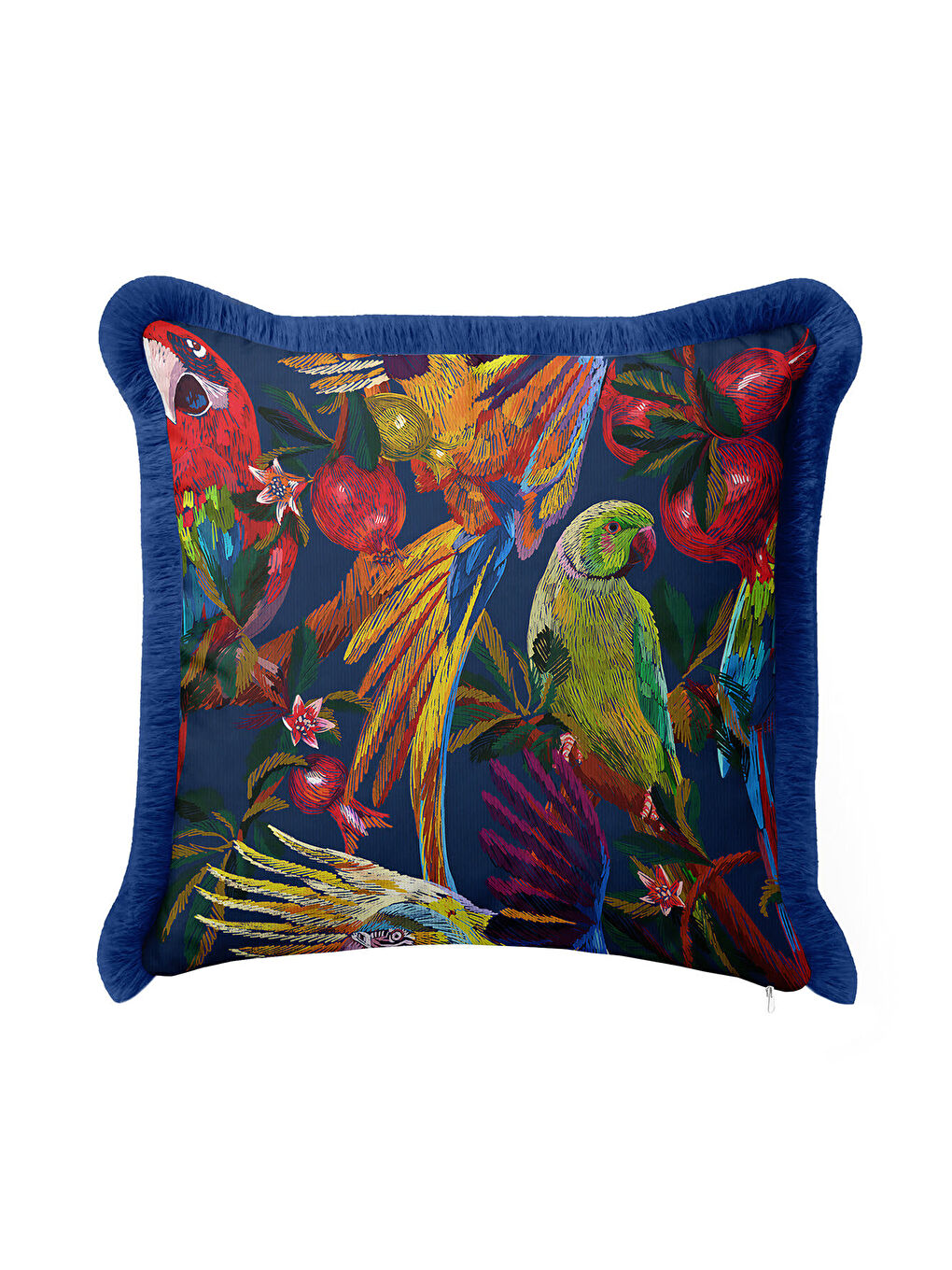 Karışık Tropikal Kuşlar Saçaklı Yastık Kılıfı - Bohem Gece Mavisi Püsküllü Kırlent Kılıfı-2