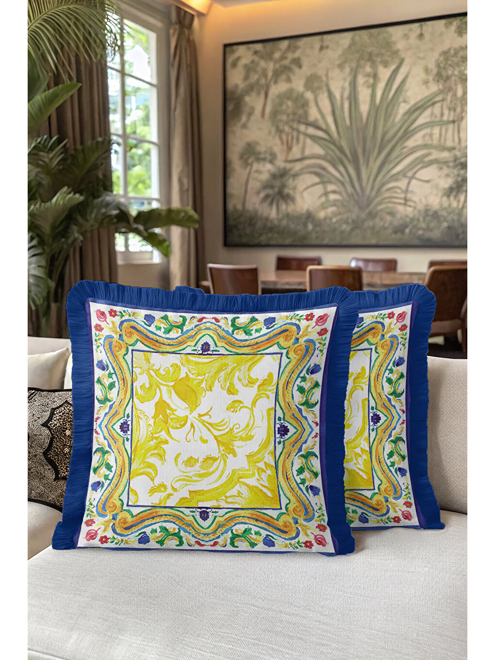 Karışık Barok Saray Motifli Saçaklı Yastık Kılıfı - Akdeniz Country Mavi Altın Renk Püsküllü Kırlent Kılıfı-5