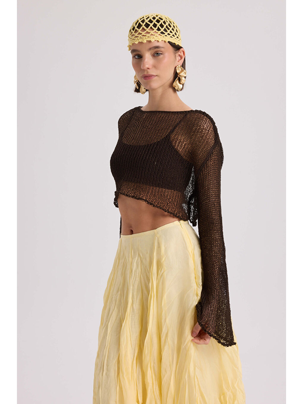 Kahverengi Daisy Kahve İnce Triko Crop-2