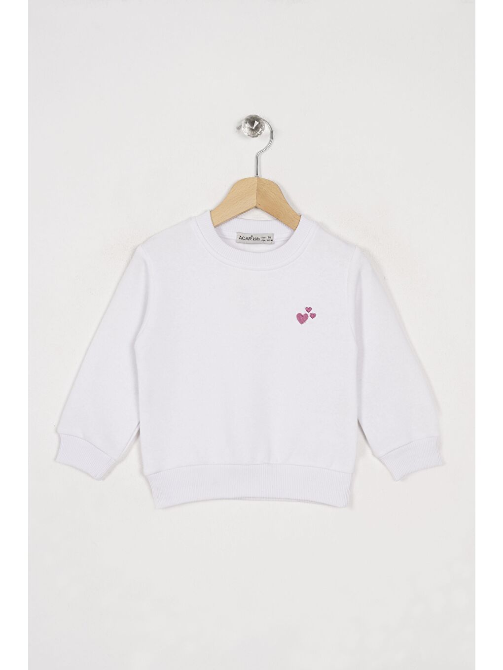 Beyaz Bisiklet Yaka Kalp Nakışlı Şardonlu Kız Çocuk Sweatshirt