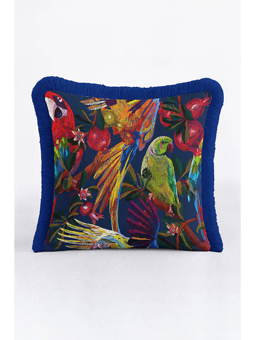 Karışık Tropikal Kuşlar Saçaklı Yastık Kılıfı - Bohem Gece Mavisi Püsküllü Kırlent Kılıfı-3