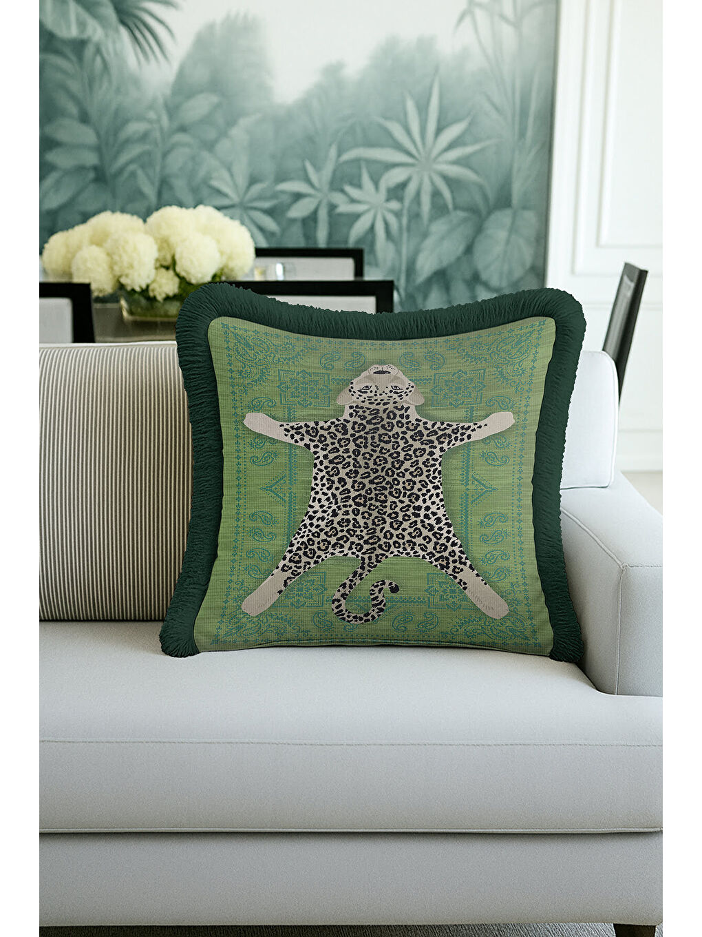 Karışık Lüks Leopar Figürlü Saçaklı Yastık Kılıfı - Bohem Yeşil Retro Mint Püsküllü Kırlent Kılıfı