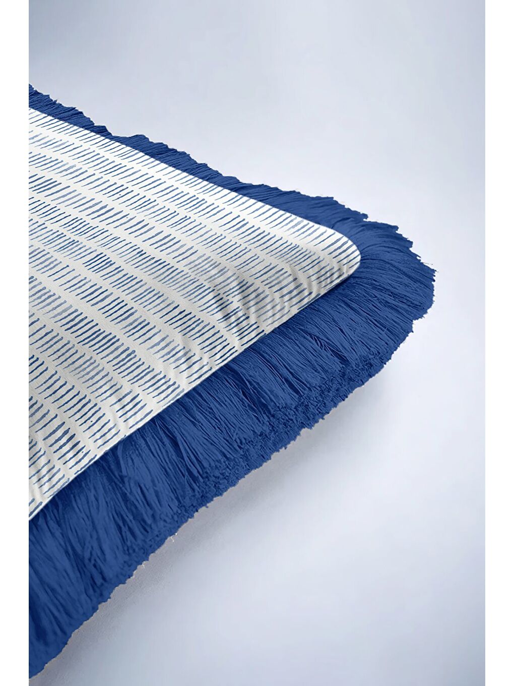 Karışık Çizgili Lüks Saçaklı Yastık Kılıfı - Akdeniz Modern Mavi Beyaz Püsküllü Kırlent Kılıfı-6