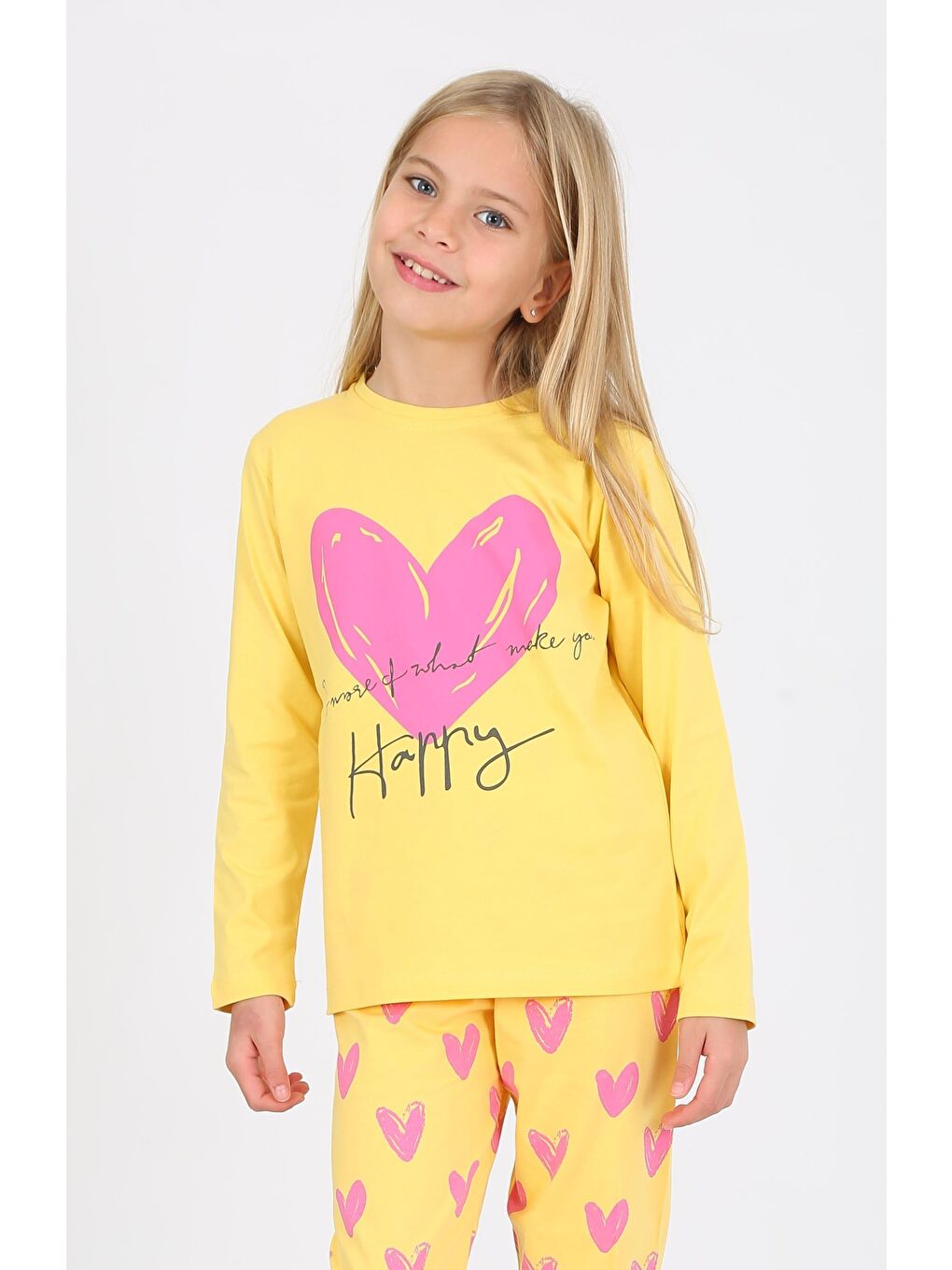 Kız Çocuk Uzun Kollu %100 Pamuklu Pijama Takımı Happy Heart Sarı-2