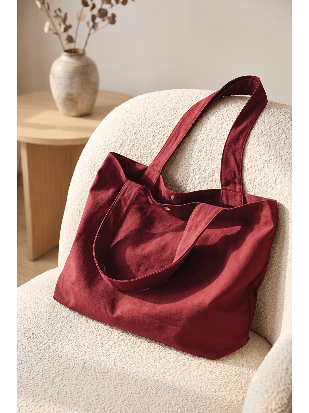 Kadın Bordo Omuz Çantası Çıtçıt Kapatmalı Geniş Bez Tote Bag-1