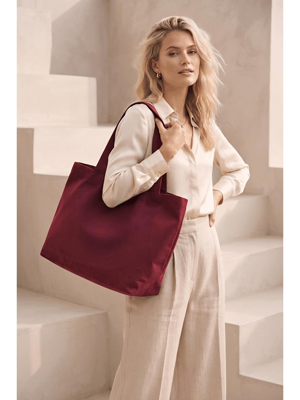 Kadın Bordo Omuz Çantası Çıtçıt Kapatmalı Geniş Bez Tote Bag-2