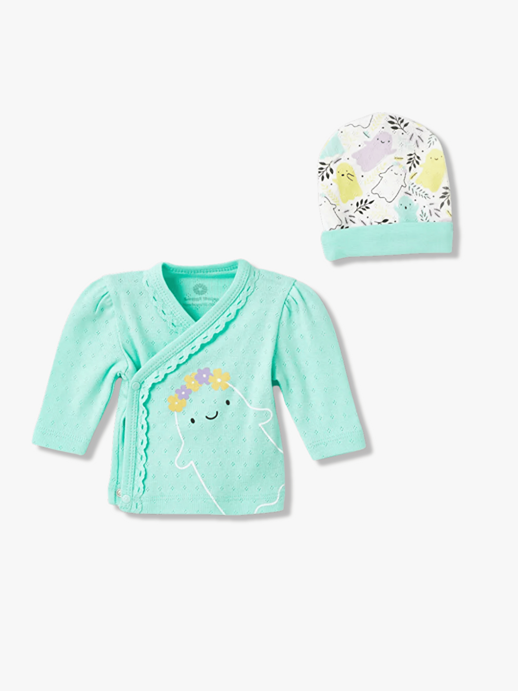 Yeşil Baskılı Kız Bebek Jakarlı Hastane Çıkış Seti-1