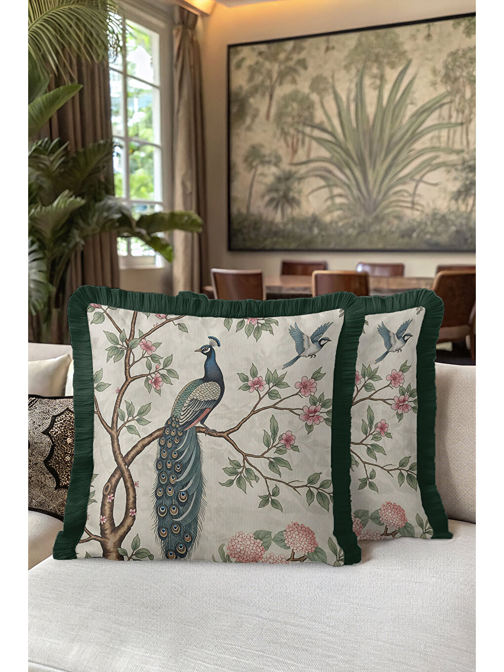 Karışık Zarif Tavuskuşlu Saçaklı Yastık Kılıfı - Doğal Çiçekli Vintage Yeşil Krem Püsküllü Kırlent Kılıfı-5