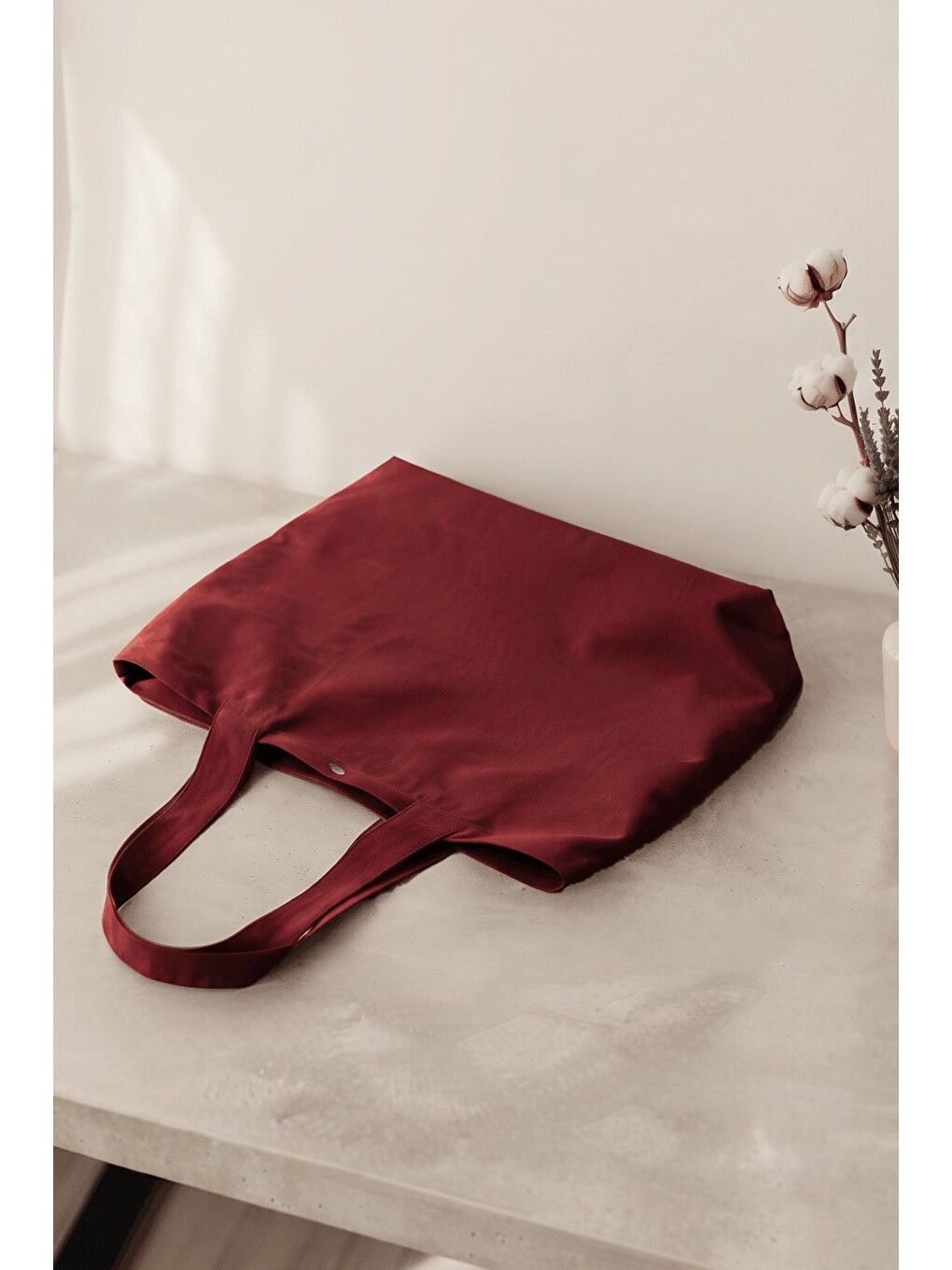 Kadın Bordo Omuz Çantası Çıtçıt Kapatmalı Geniş Bez Tote Bag-5