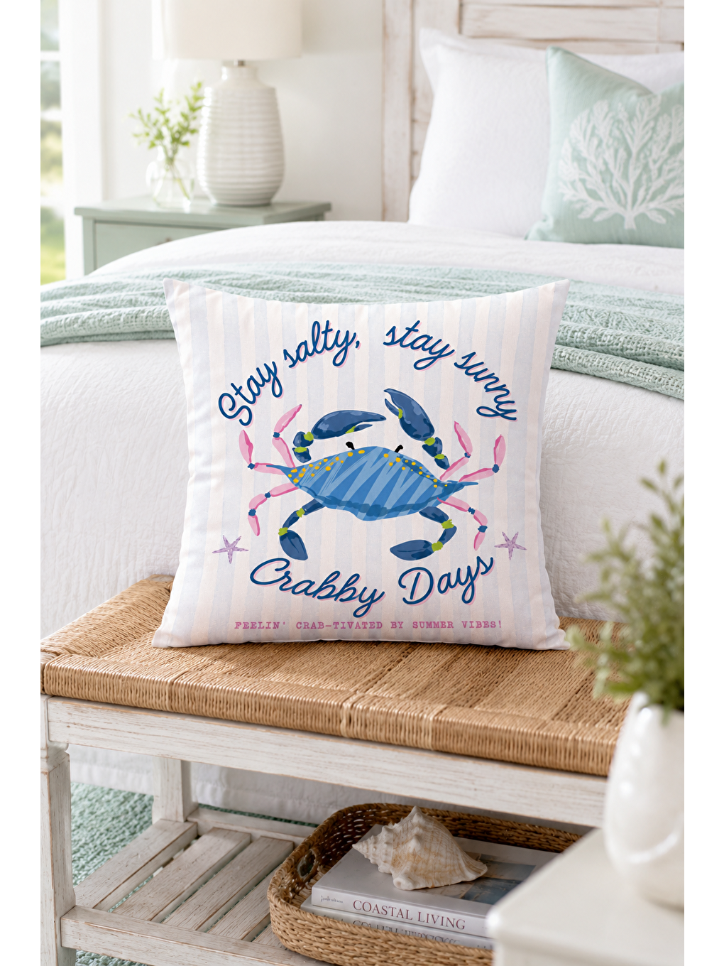 Beyaz Crabby Days Mavi Yengeç Yazı Baskılı Dekoratif Kırlent Kılıfı Marin Dekor 43x43 Cm-7