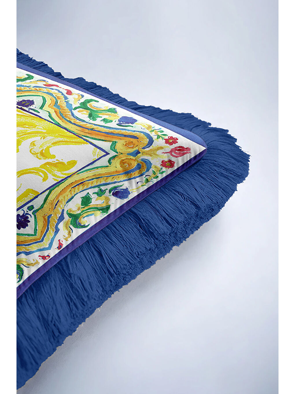 Karışık Barok Saray Motifli Saçaklı Yastık Kılıfı - Akdeniz Country Mavi Altın Renk Püsküllü Kırlent Kılıfı-6