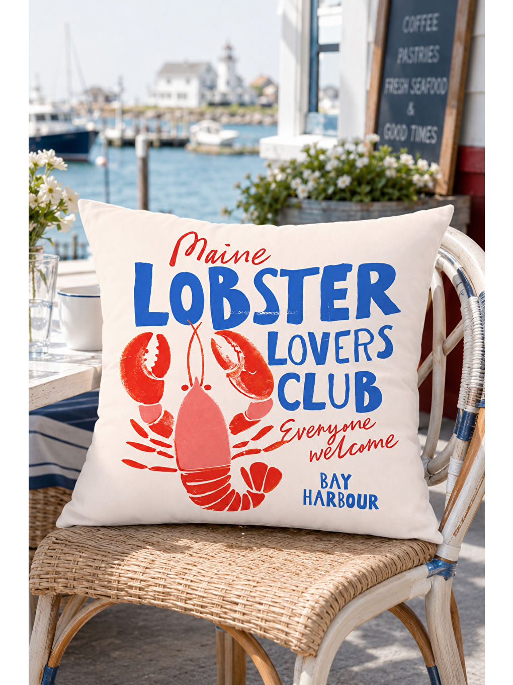 Beyaz Maine Lobster Lovers Club Marin Dekoratif Kırlent Kılıfı Yazlık Ev Dekor 43x43 Cm-5