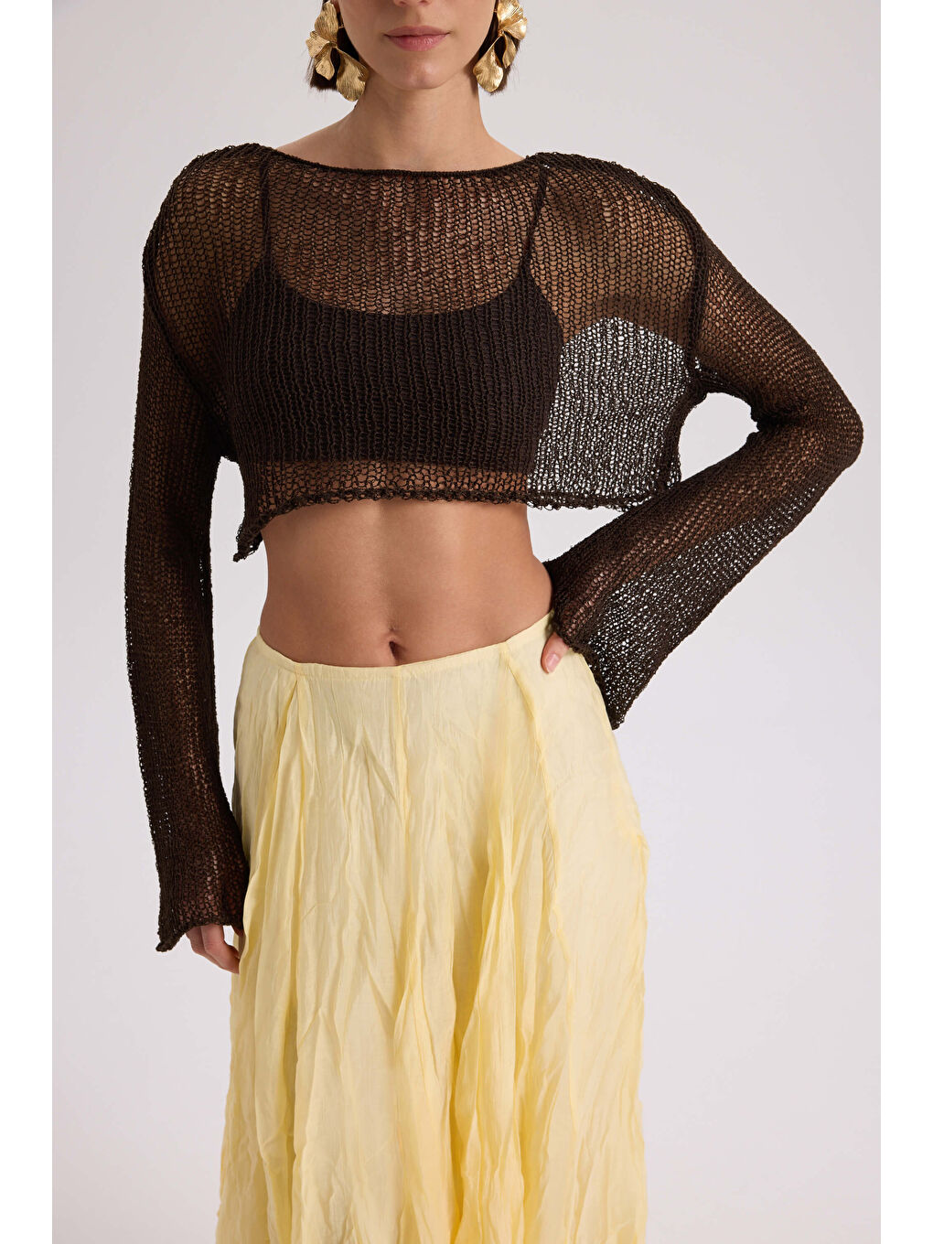 Kahverengi Daisy Kahve İnce Triko Crop-4