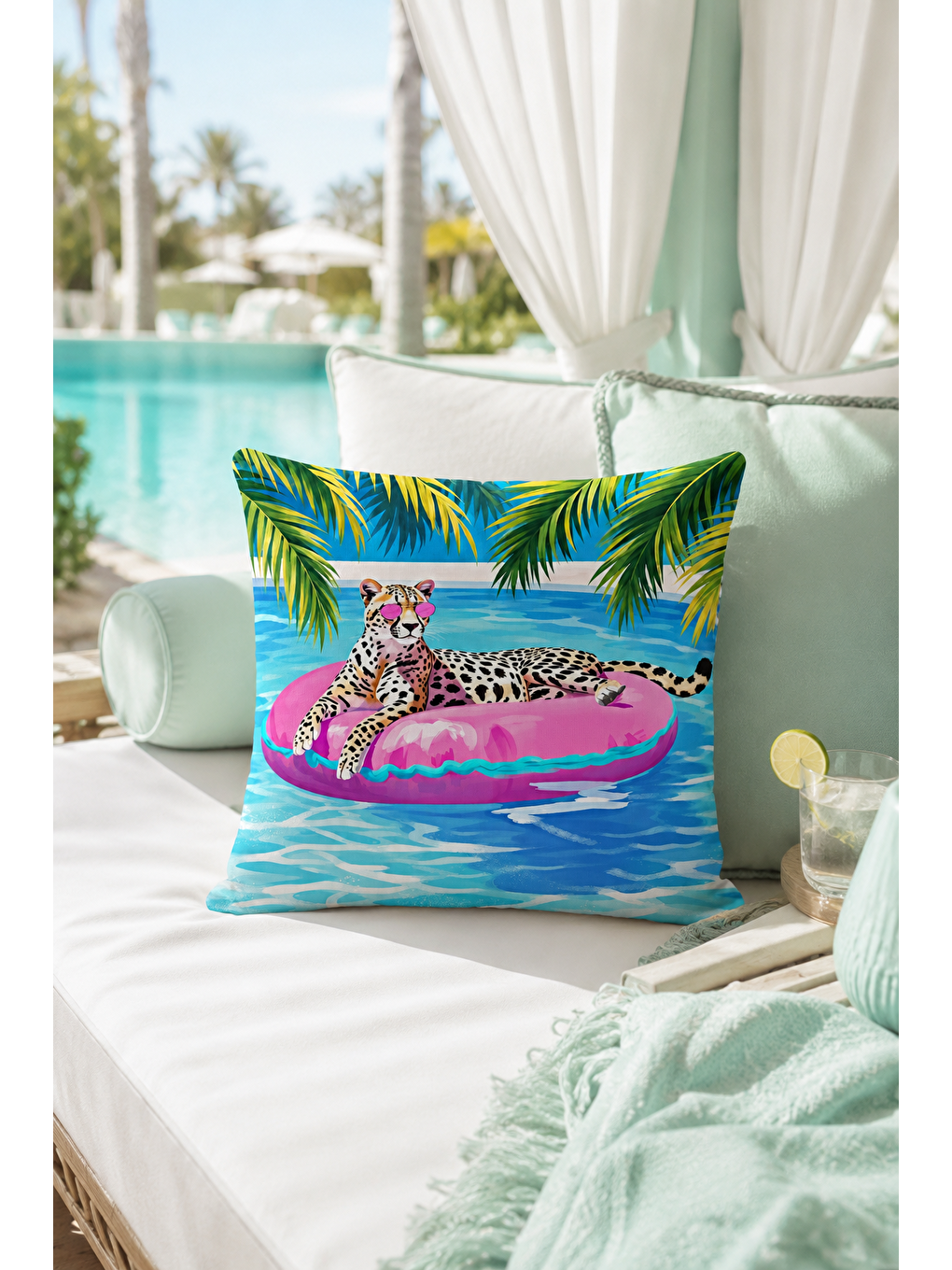 Mavi Havuzda Leopar Tropikal Desenli Dekoratif Kırlent Kılıfı Yazlık Ev Dekor 43x43 Cm-3