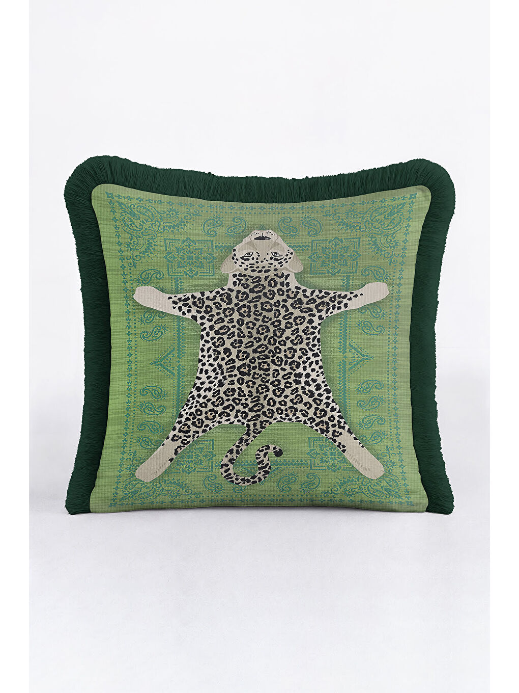 Karışık Lüks Leopar Figürlü Saçaklı Yastık Kılıfı - Bohem Yeşil Retro Mint Püsküllü Kırlent Kılıfı-1