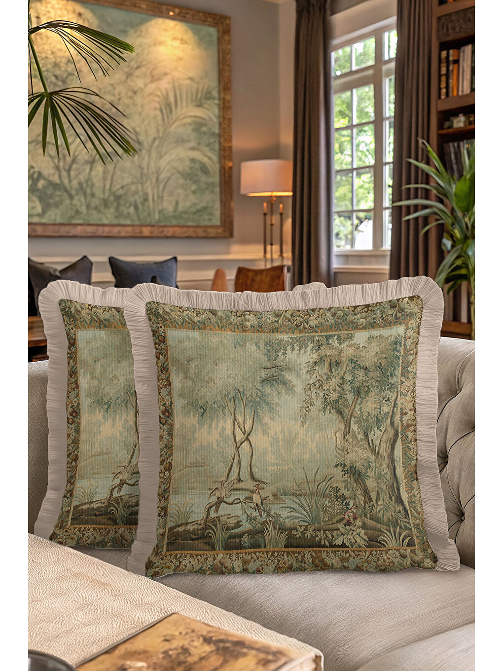 Karışık Lüks Vintage Doğal Manzara Saçaklı Yastık Kılıfı - Klasik Country Bej Yeşil Püsküllü Kırlent Kılıfı-7