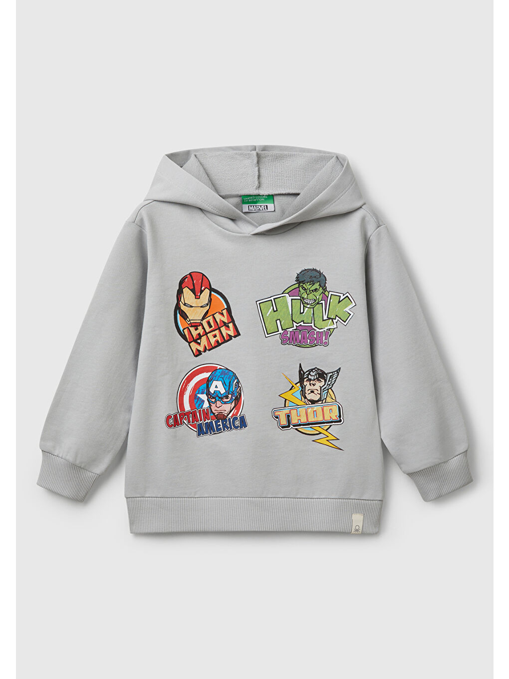 Erkek Çocuk Gri Melanj Marvel Kahraman Baskılı Etiket Logolu Kapüşonlu Sweatshirt