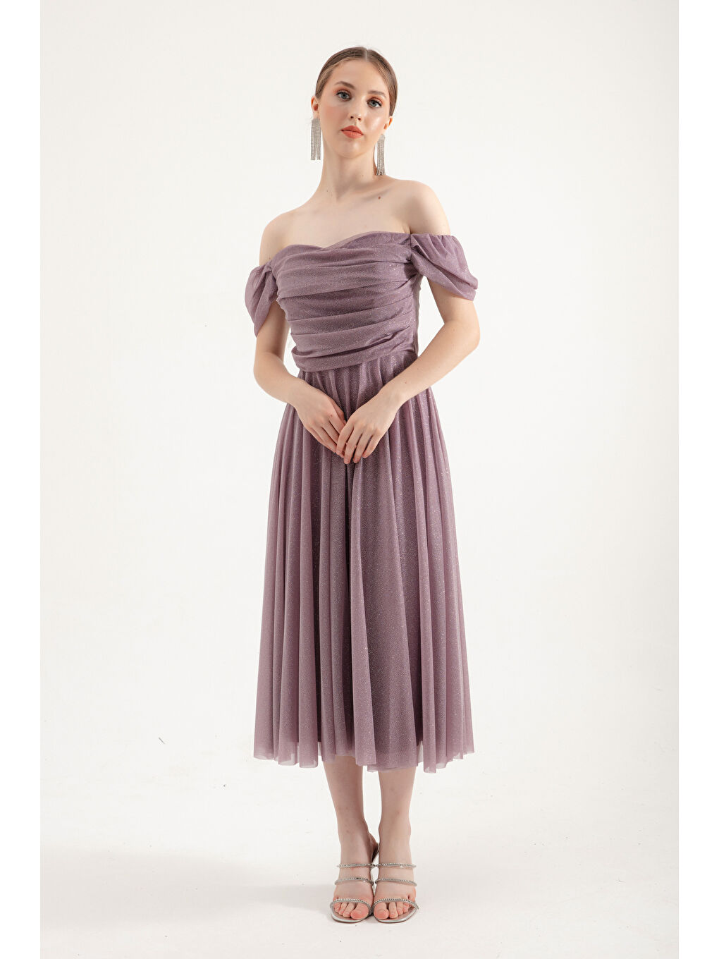 Lila Kadın Lavanta Kayık Yaka Drapeli Midi Kloş Abiye Elbise-1