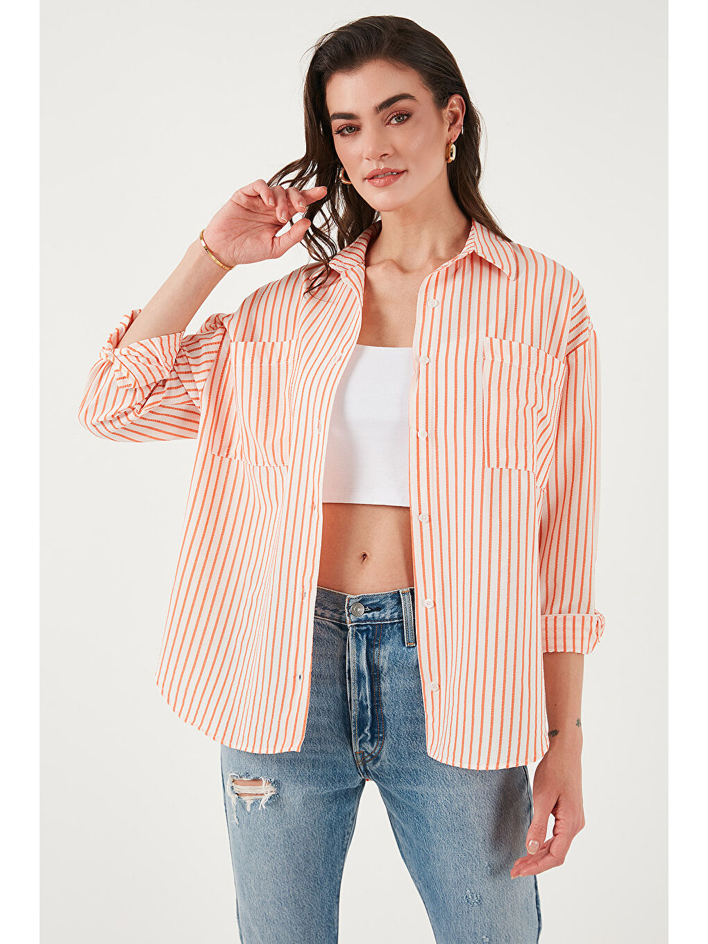 Turuncu Regular Fit Uzun Kollu Çizgili Gömlek 6772875-1