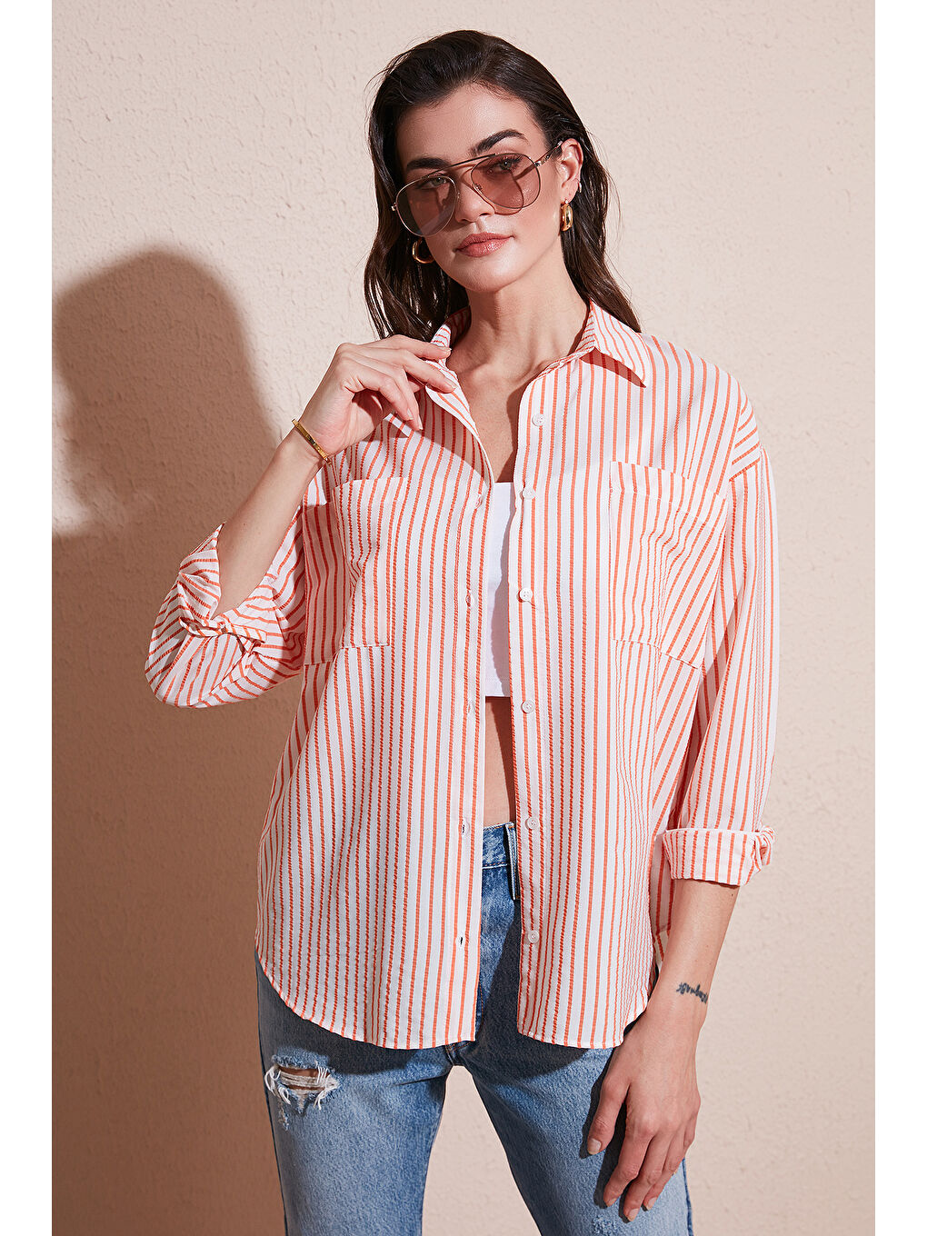 Turuncu Regular Fit Uzun Kollu Çizgili Gömlek 6772875-2