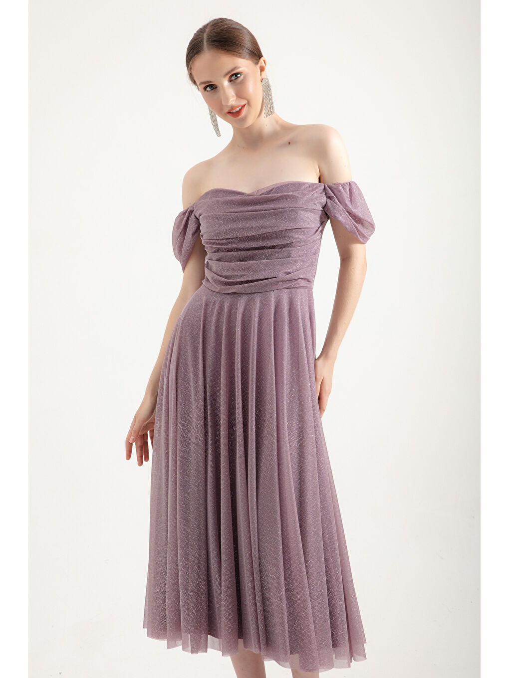 Lila Kadın Lavanta Kayık Yaka Drapeli Midi Kloş Abiye Elbise-2