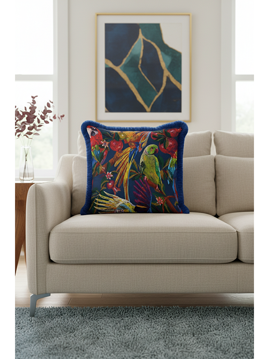 Karışık Tropikal Kuşlar Saçaklı Yastık Kılıfı - Bohem Gece Mavisi Püsküllü Kırlent Kılıfı-4