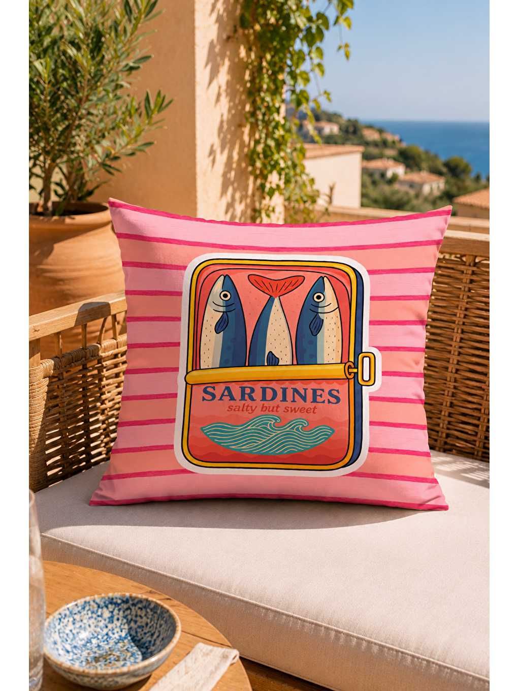 Beyaz Sardines Balık Konservesi Yazı Baskılı Dekoratif Kırlent Kılıfı Yazlık Dekor 43x43 Cm-2