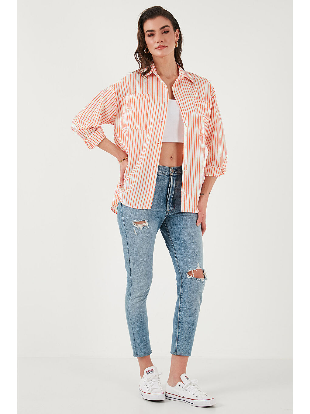 Turuncu Regular Fit Uzun Kollu Çizgili Gömlek 6772875-3