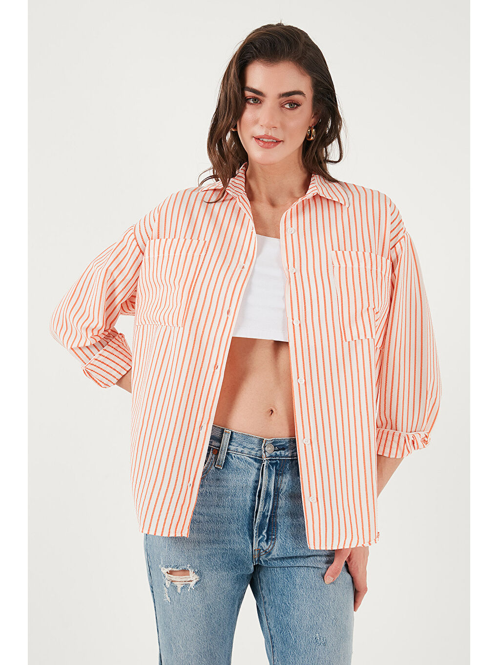 Turuncu Regular Fit Uzun Kollu Çizgili Gömlek 6772875-4