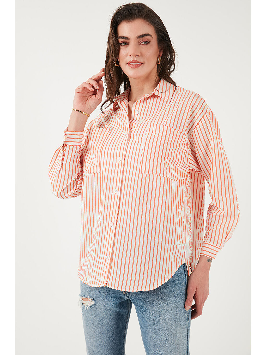 Turuncu Regular Fit Uzun Kollu Çizgili Gömlek 6772875-5