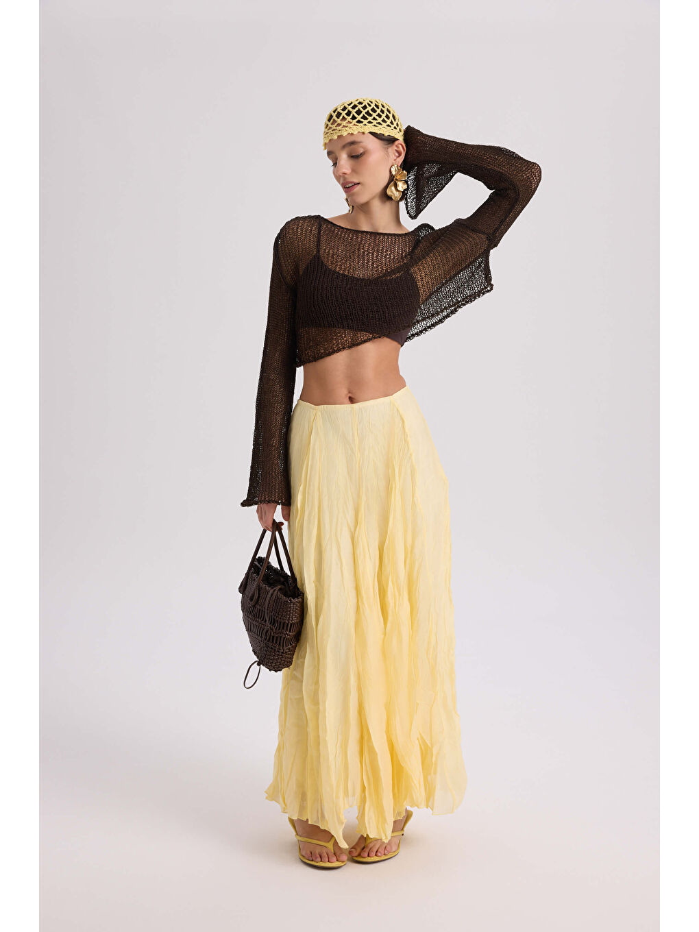 Kahverengi Daisy Kahve İnce Triko Crop-5