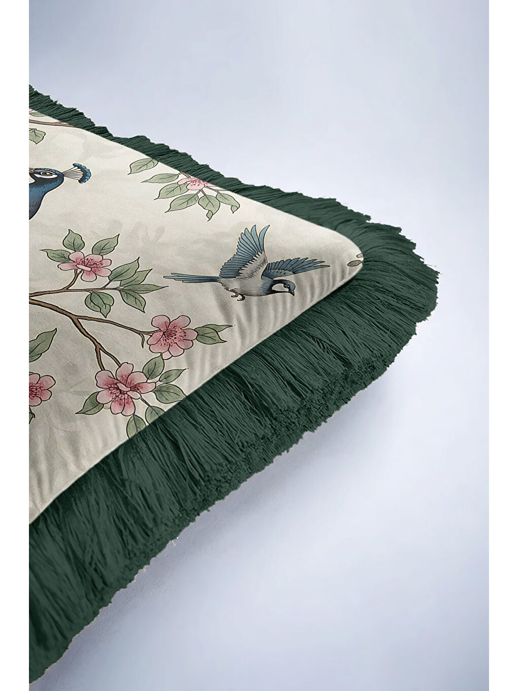 Karışık Zarif Tavuskuşlu Saçaklı Yastık Kılıfı - Doğal Çiçekli Vintage Yeşil Krem Püsküllü Kırlent Kılıfı-6