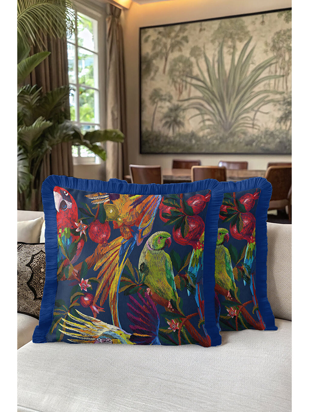 Karışık Tropikal Kuşlar Saçaklı Yastık Kılıfı - Bohem Gece Mavisi Püsküllü Kırlent Kılıfı-5